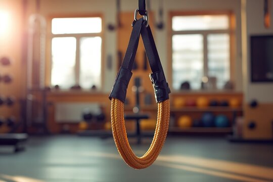 Gymnastic rings hang in bright, modern home gym, symbolizing str