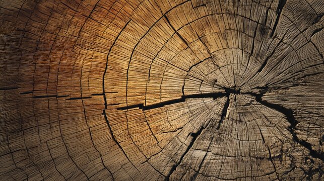 A close-up view of a tree trunk cross-section showing detailed annual growth rings and natural cracks in the wood.
