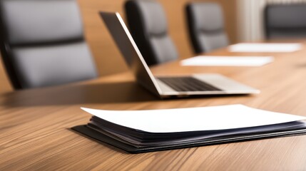 Modern conference room with a wooden table, laptop, and blank documents ready for a meeting