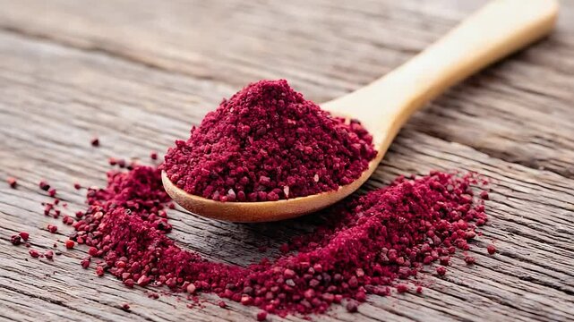 Spoonful of vibrant ground sumac spice