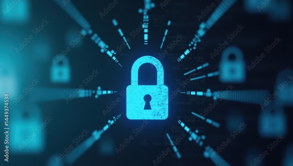 Poster managed security services. digital security layers. trend product close-up. blue lock symbolizes sec