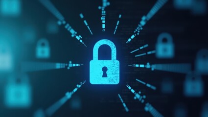 Managed Security Services. Digital security layers. Trend product close-up. Blue lock symbolizes secure data, surrounded by layers representing managed security services and digital 