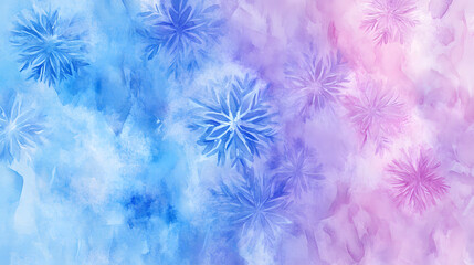 Watercolor pastel blue and purple background with snowflake pattern. Winter winter abstract watercolor background.