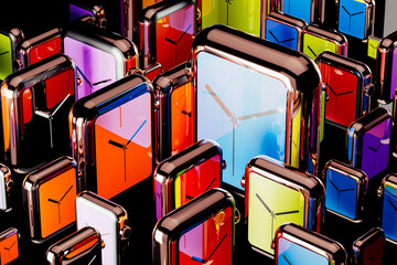 Colorful digital clocks create a vibrant abstract background