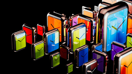 Colorful digital clocks create a vibrant abstract background