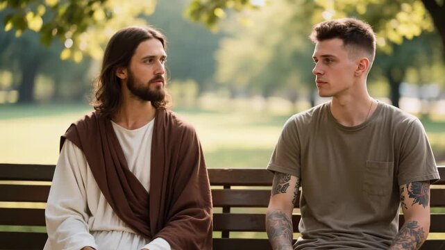 Jesus and a tatted guy sharing park bench chat