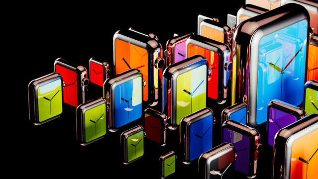 Colorful digital clocks create a vibrant abstract background