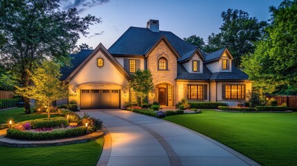Luxury Home at Dusk:  Elegant Architecture and Landscaping