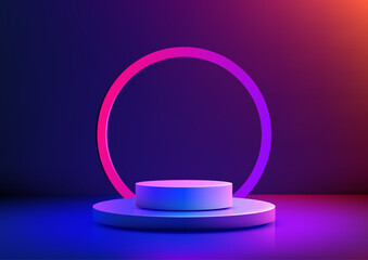 futuristic 3d white cylindrical podium with neon pink ring blue purple gradient light dark backdrop technology concept mockup