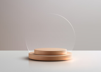 modern 3d wooden podium mockup with transparent circle panel, minimalist product display showcase on grey backdrop