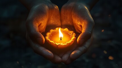 Close up of hands gently holding a small clay oil lamp with a warm glowing flame in the dark night offering hope and peace fire