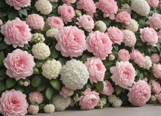 Pastel pink roses, peonies & hydrangeas form a vintage-style floral wall  ,  rose,  flower wall backdrop