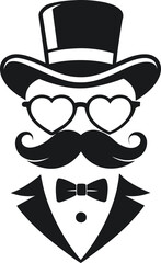 Hipster gentleman vector illustration design with a skull, man, and skull sporting hats and sunglasses, featuring a mustache, glasses, bow tie, and retro cartoon silhouette