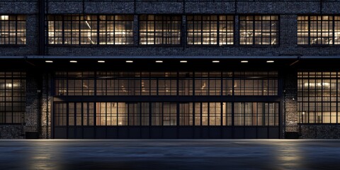 an empty warehouse with lit windows at night 