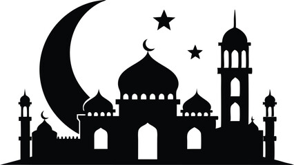 A vector illustration presents a silhouette of a mosque, an architectural icon representing religion in the city skyline
