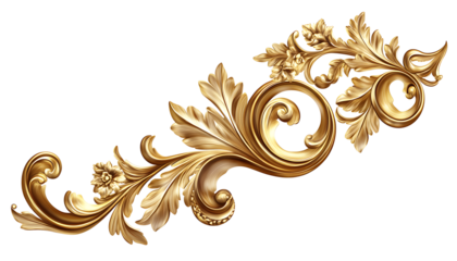 Decorative golden ornament with floral elements on transparent background png cutout