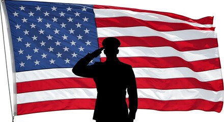 A silhouette of a soldier saluting in front of a flag centered on an isolated white background for Memorial Day
