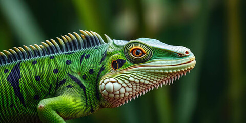 Fototapeta premium a green iguana, showcasing its detailed features. The iguana's skin is a vibrant green with patches of darker green and brown, providing a textured appearance