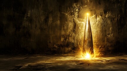 Fototapeta premium Glowing Metallic Spire in Dark Room Abstract Background
