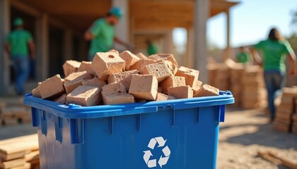 Blue recycling bin overflows bricks construction site. Workers organize wooden planks background. Bricks recycling, waste management, urban eco. Green building, sustainability, eco-friendly industry.
