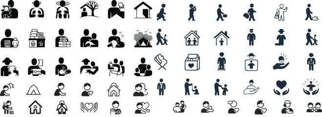  homeless child icon, donation vector, shelter icon set, thin line charity icons, 