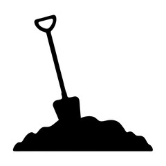A black silhouette image depicting a shovel in dirt or ground