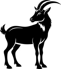 A cute black goat silhouette, a wild mammal illustration isolated on white