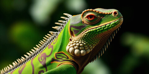 Obraz premium a green iguana, showcasing its detailed features. The iguana's skin is a vibrant green with patches of darker green and brown, providing a textured appearance