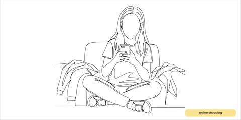 Happy teenage girl doing online shopping continuous single line art drawing sketch on white background