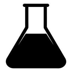 Black Erlenmeyer flask containing a dark liquid substance, illustration for science and research