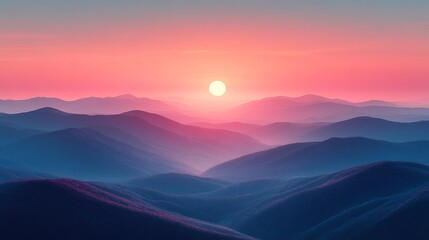 Pink sunrise over misty rolling hills