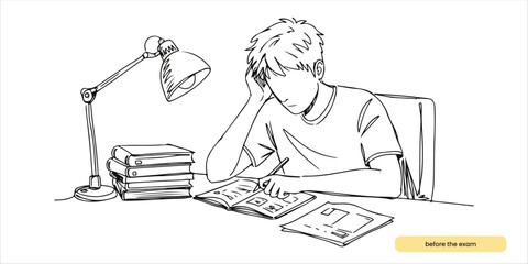 man prepare at night before the exam continuous single line art drawing sketch on white background