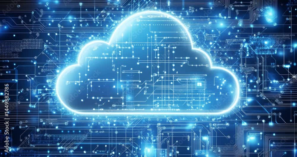 Poster cloud symbol with a circuit board background. digital connectivity and technology. database storage 