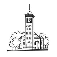 Simple Line Drawing of a City Hall with Trees Background  