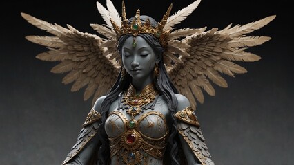 A statue of Sharumo, wingless feather goddess, spreading dust of pure oaths from invisible wings