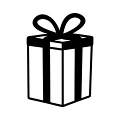 Stylized black and white graphic of a wrapped gift with a bow