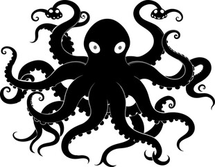 A black vector silhouette design features a fantasy octopus, an abstract sea monster illustration