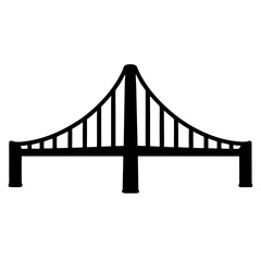 Black silhouette representation of a suspension bridge with distinctive towers design