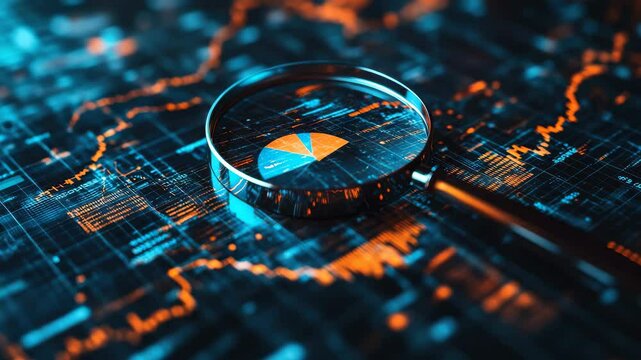 A magnifying glass highlights a digital pie chart on a futuristic data analytics interface with glowing graphs.