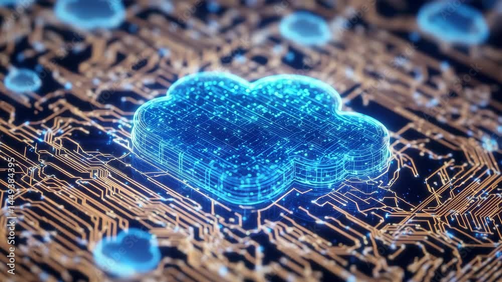 Poster a glowing digital cloud symbol on a futuristic circuit board representing cloud computing and data t