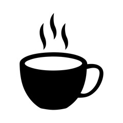 Simple black and white icon of a steaming cup of coffee