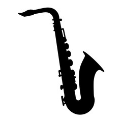 Elegant black saxophone silhouette against a stark white background showcasing musical artistry