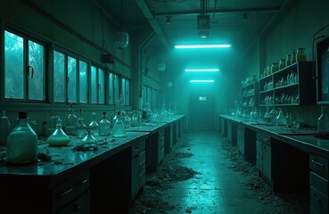 Eerie teal glow casts haunting ambiance on abandoned lab. Mysterious equipment decaying in gothic, ominous setting. Illustrative scene of science and discovery, danger and mystery. Moody atmosphere.