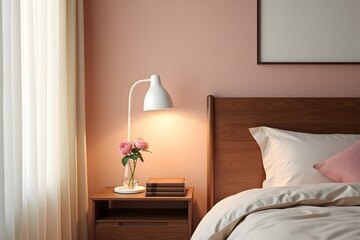 White lamp above table next to the bed against a wall with poster blank in pink bedroom interior