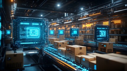 Obraz premium Smart warehouse management system using augmented reality technology to identify package picking and delivery . Future concept of supply chain and logistic business,