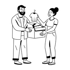 A glyph illustration of woman giving charity box to old man 
