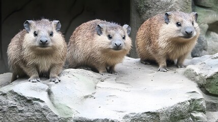 Obraz premium Three Rock Hyraxes Sitting on Rocks Wildlife Photography
