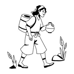 A poor woman carrying water illustration in glyph style 
