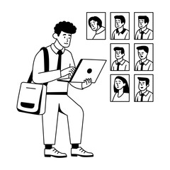 A character doing job hunting on laptop, illustration in glyph style 
