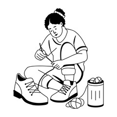 Mending shoes illustration of a character in glyph style 
